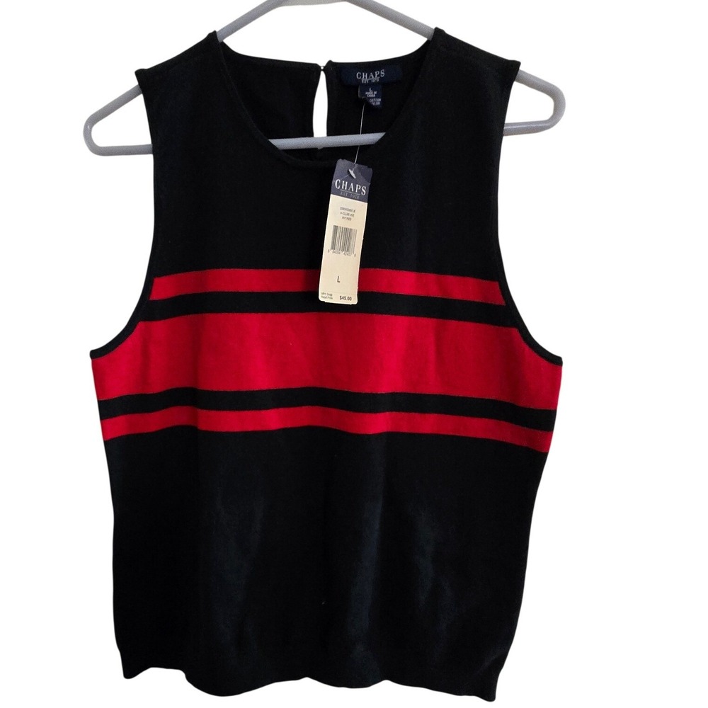 Chaps Womens Sleeveless Sweater Shell Navy Blue Red Striped Keyhole Back Large
